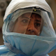 A member of Bellevue Hospital’s staff wears protective clothing during a demonstration Oct. 8, 2014, on how medical personnel would receive a suspected Ebola patient at the New York City hospital.
Spencer Platt/Getty Images